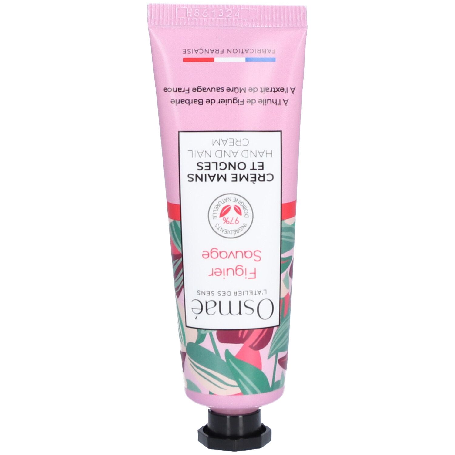 Tube rose avec étiquette blanche. Inscription : Crème Mains et Ongles, Osmaé, Figuier Sauvage. Bouchon noir.