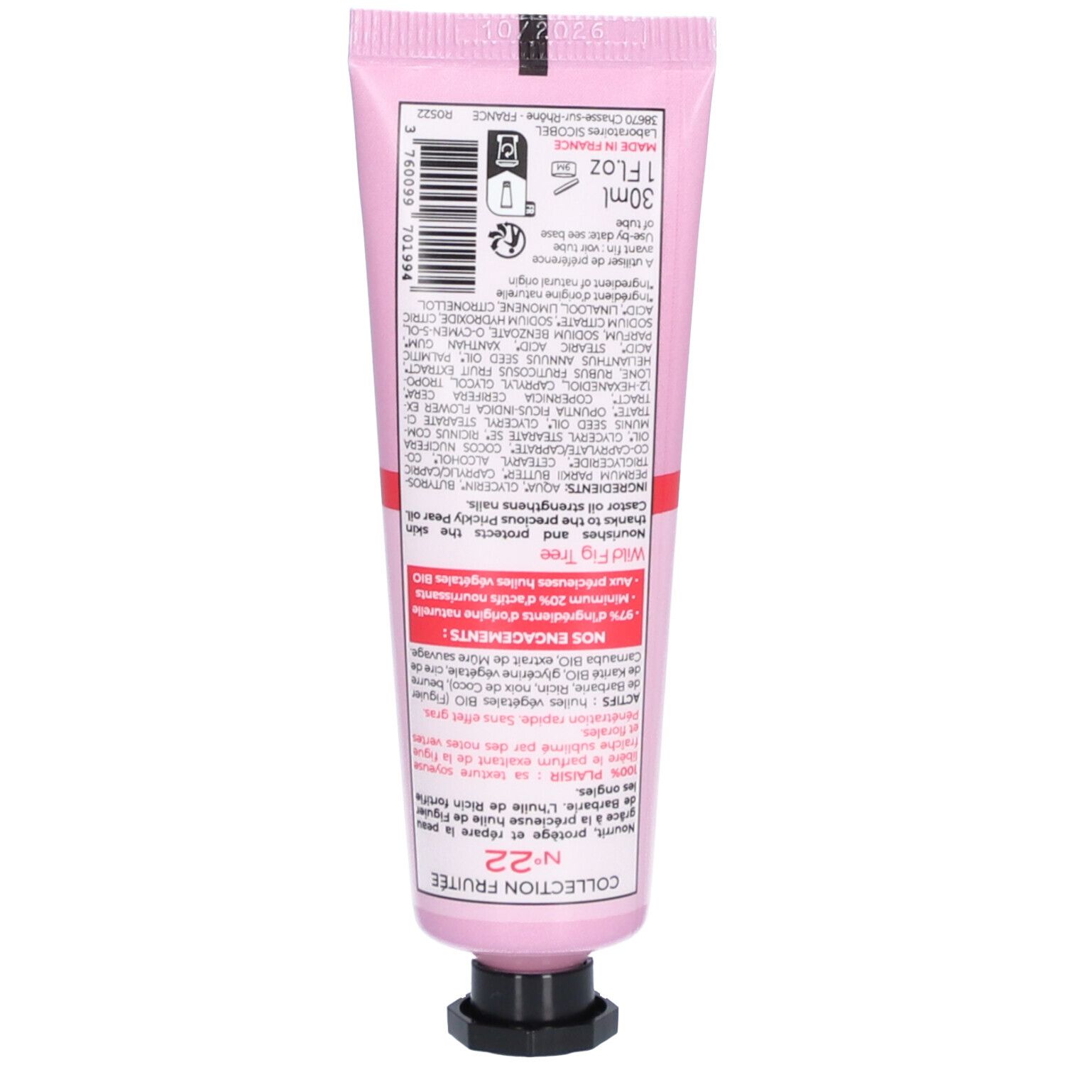 Dos du tube rose. Texte avec ingrédients et informations. Bouchon noir.