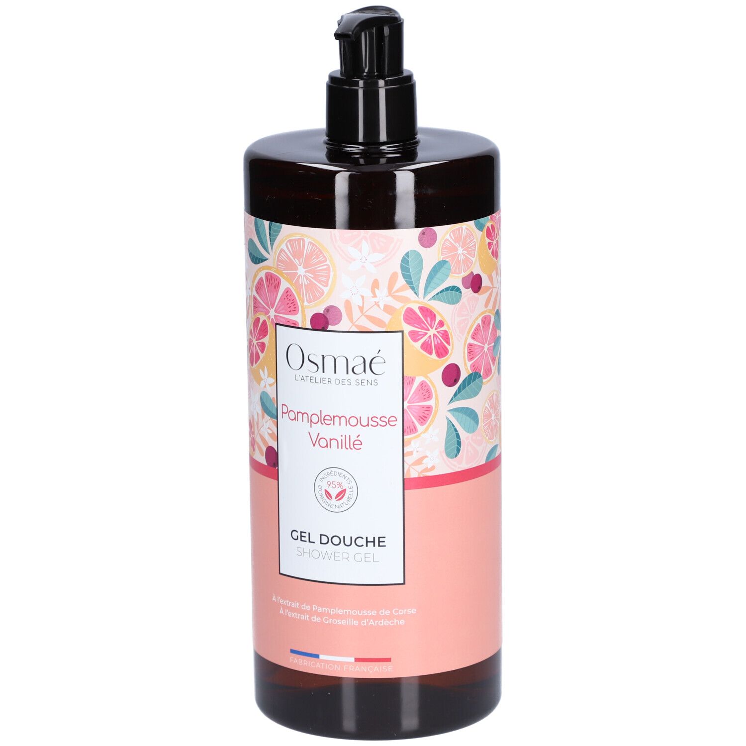 Flacon marron avec pompe noire. Étiquette avec motif floral, nom du produit et logo.