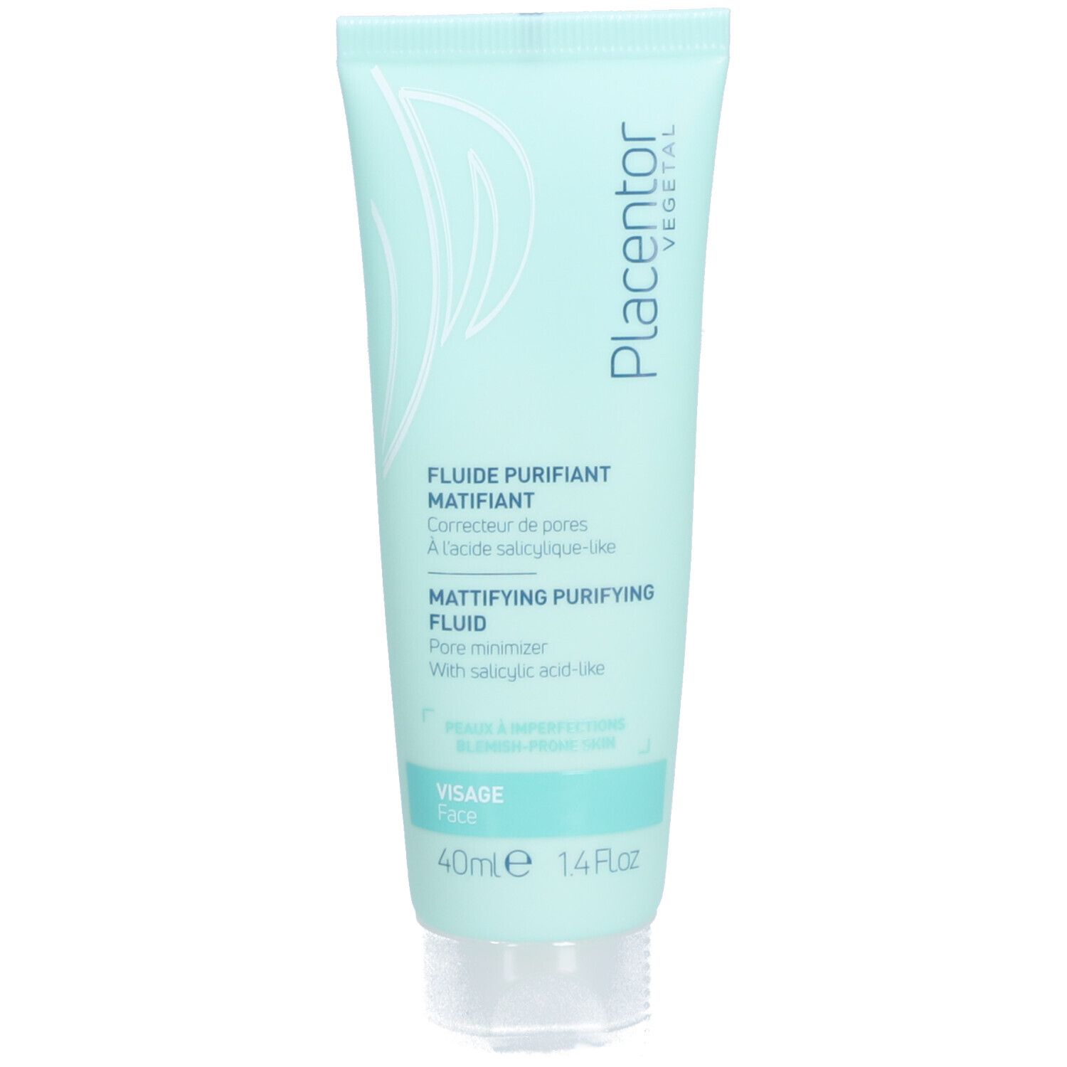 Tube vert clair avec texte blanc. Nom du produit et description imprimés. Bouchon transparent.