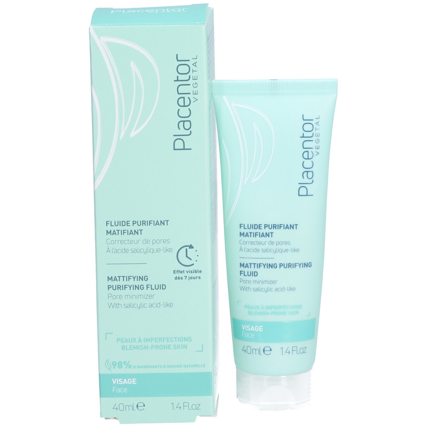 Emballage du produit avec tube. Boîte et tube vert clair. Nom et description du produit.