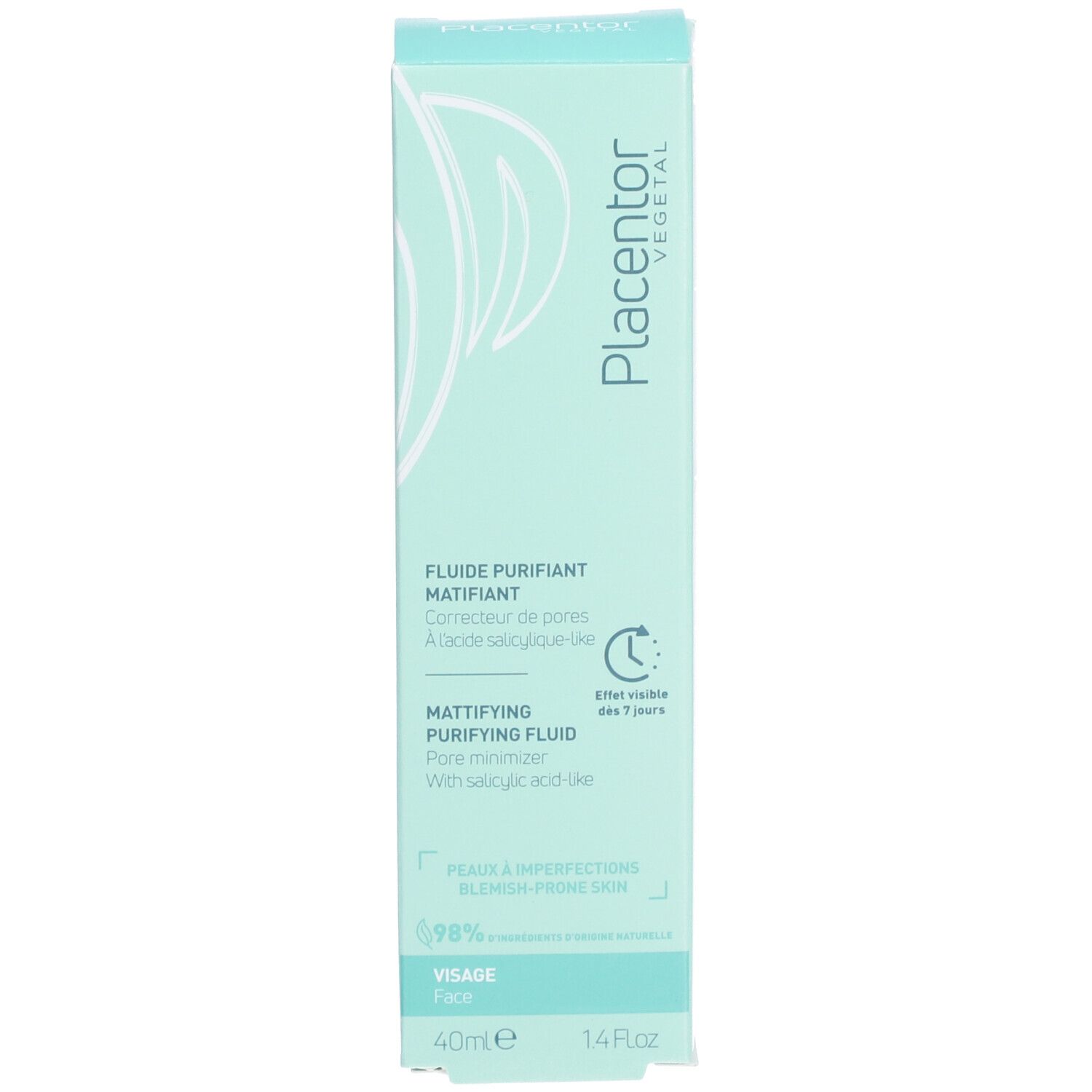Boîte vert clair avec informations sur le produit. Nom et description du produit.