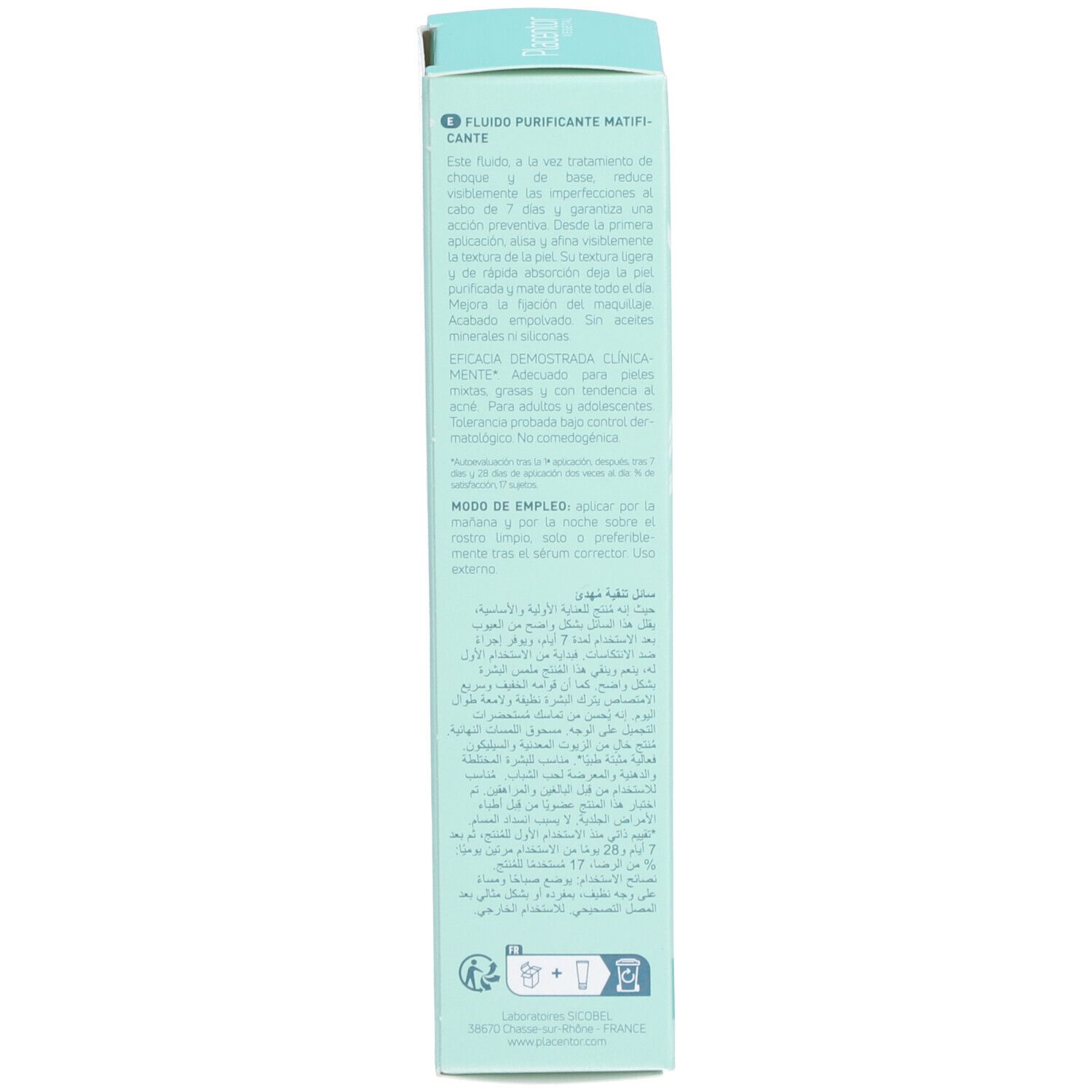 Boîte vert clair. Texte en plusieurs langues. Informations sur le produit et instructions d'utilisation.