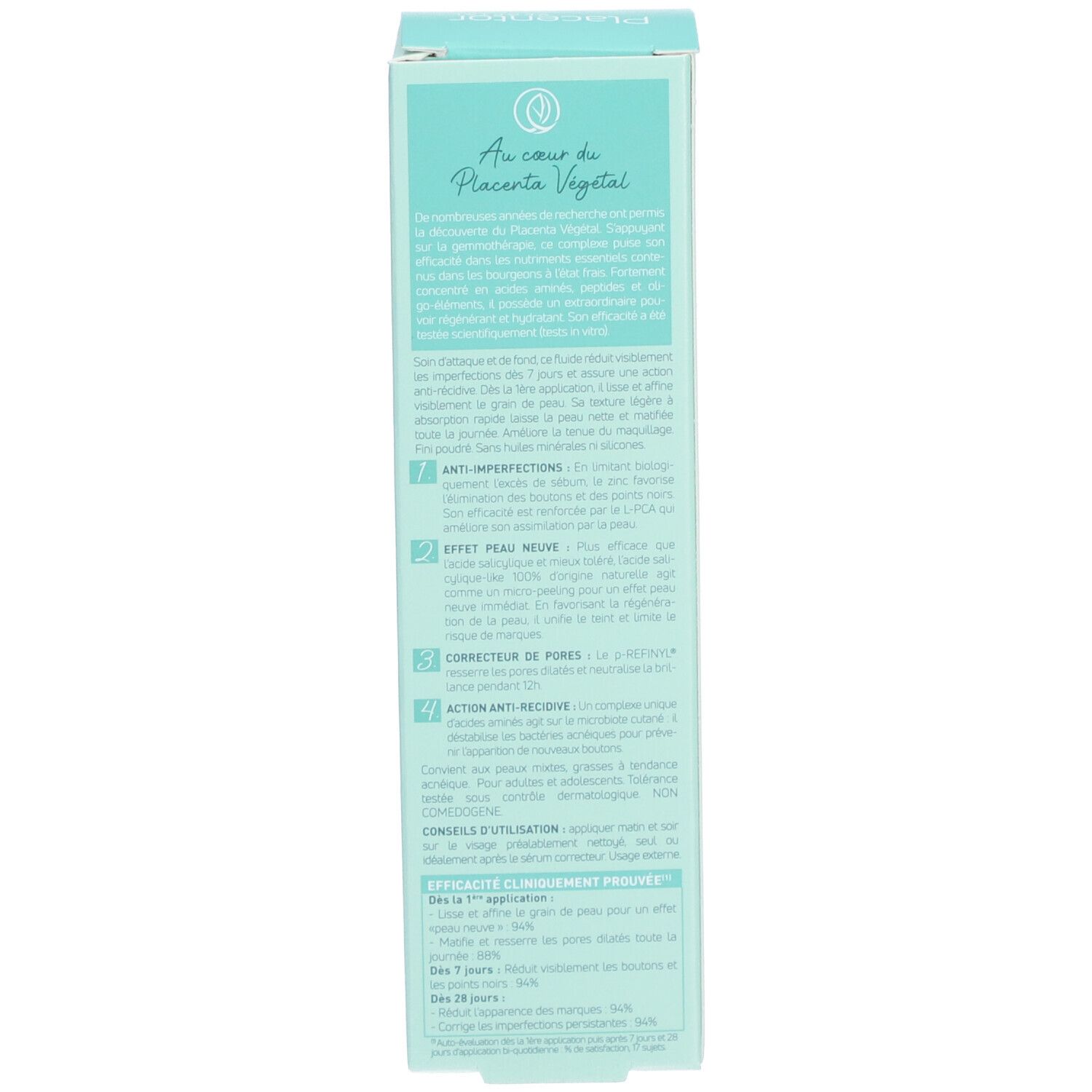Boîte vert clair. Texte en plusieurs langues. Informations sur le produit et instructions d'utilisation.