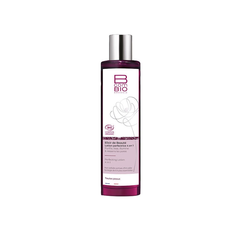 Bcom BIO Elixir de Beauté Lotion Perfectrice 4 en 1. Flacon violet avec bouchon argenté. Certification bio.