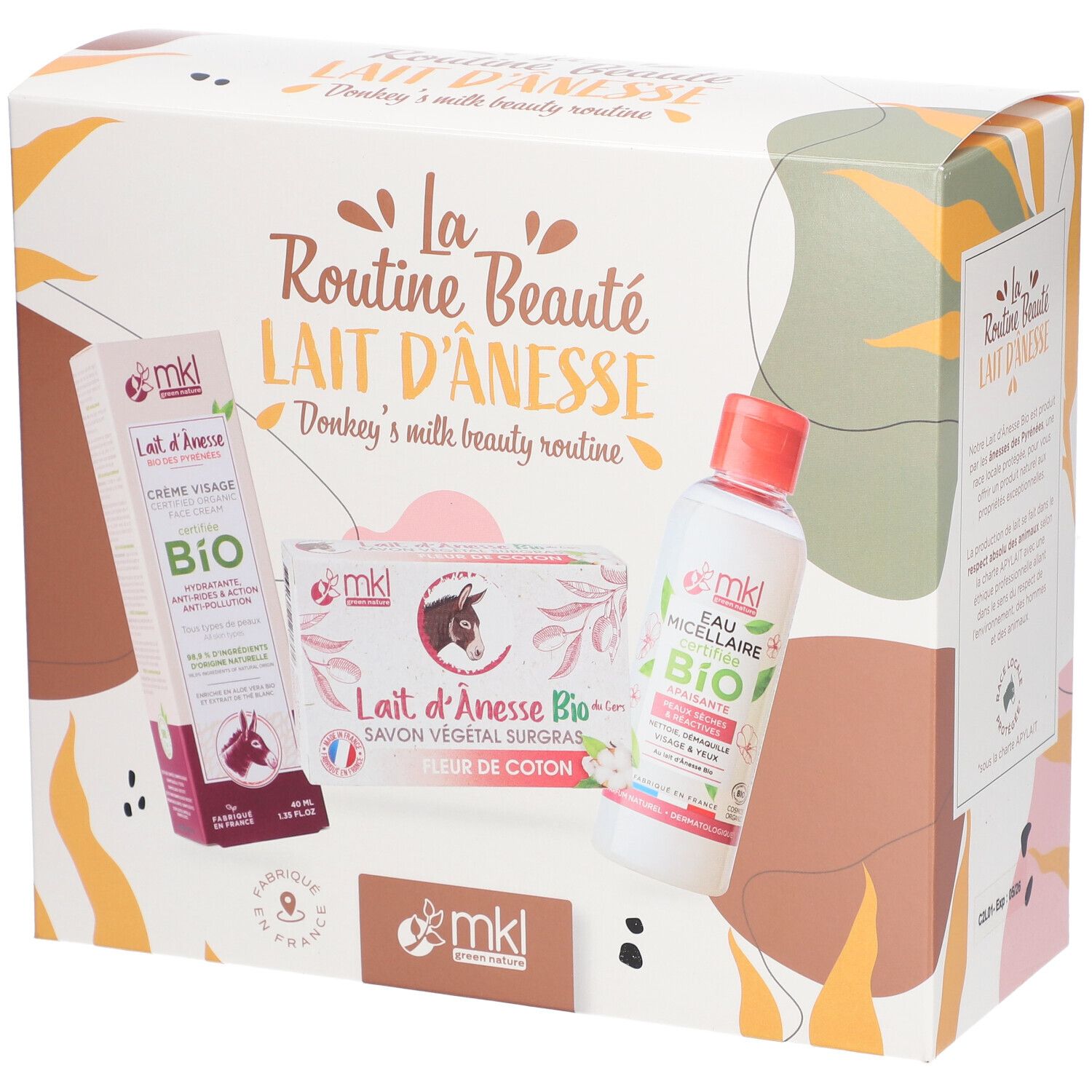 Coffret La Routine Beauté Lait d'Ânesse. Contient crème visage, savon et eau micellaire. Marque mkl.