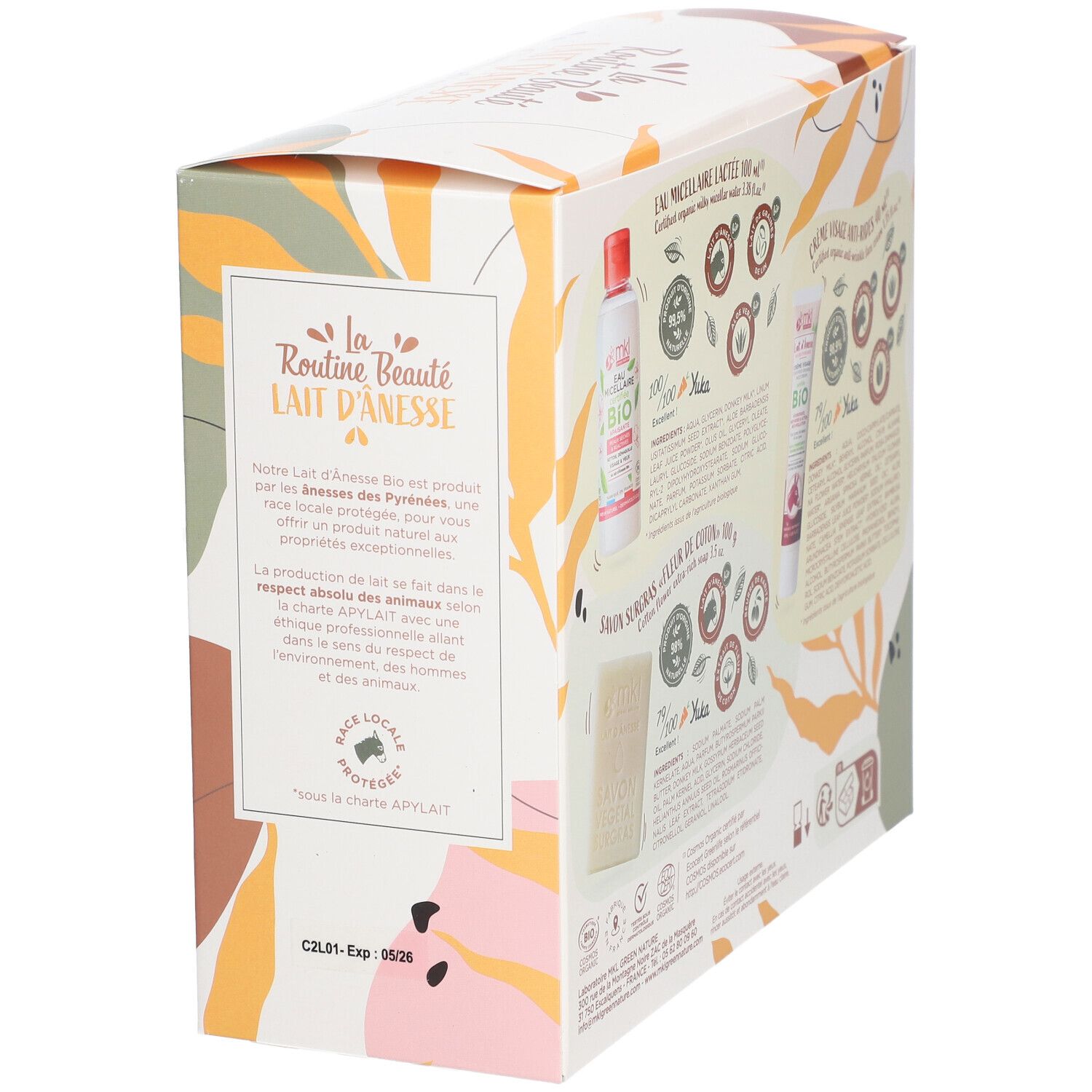 Côté du coffret La Routine Beauté Lait d'Ânesse. Texte sur les ingrédients et la marque.