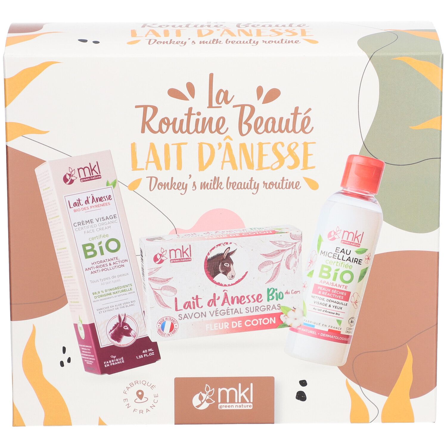 Coffret La Routine Beauté Lait d'Ânesse. Contient crème, savon et eau micellaire. Marque mkl.