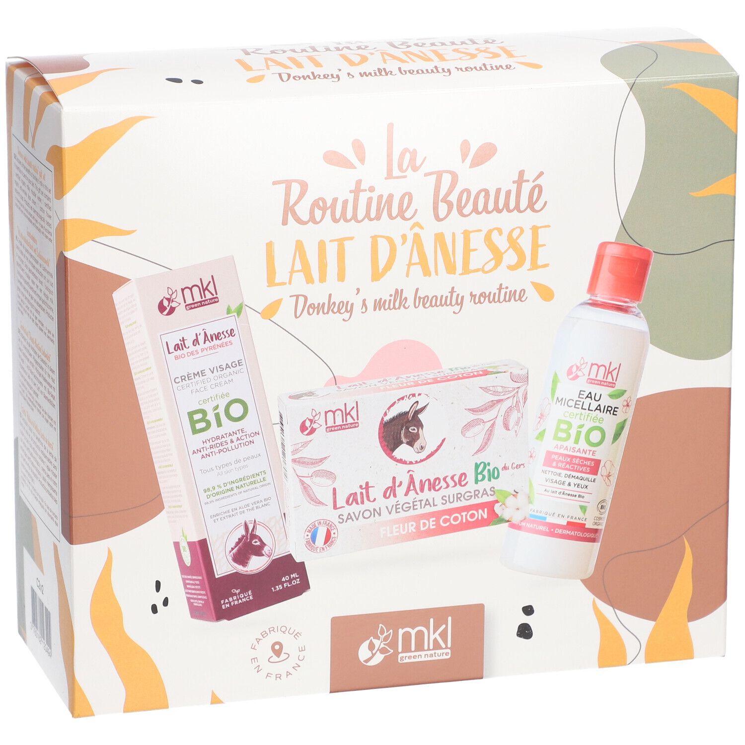 Coffret La Routine Beauté Lait d'Ânesse. Contient crème, savon et eau micellaire. Marque mkl.