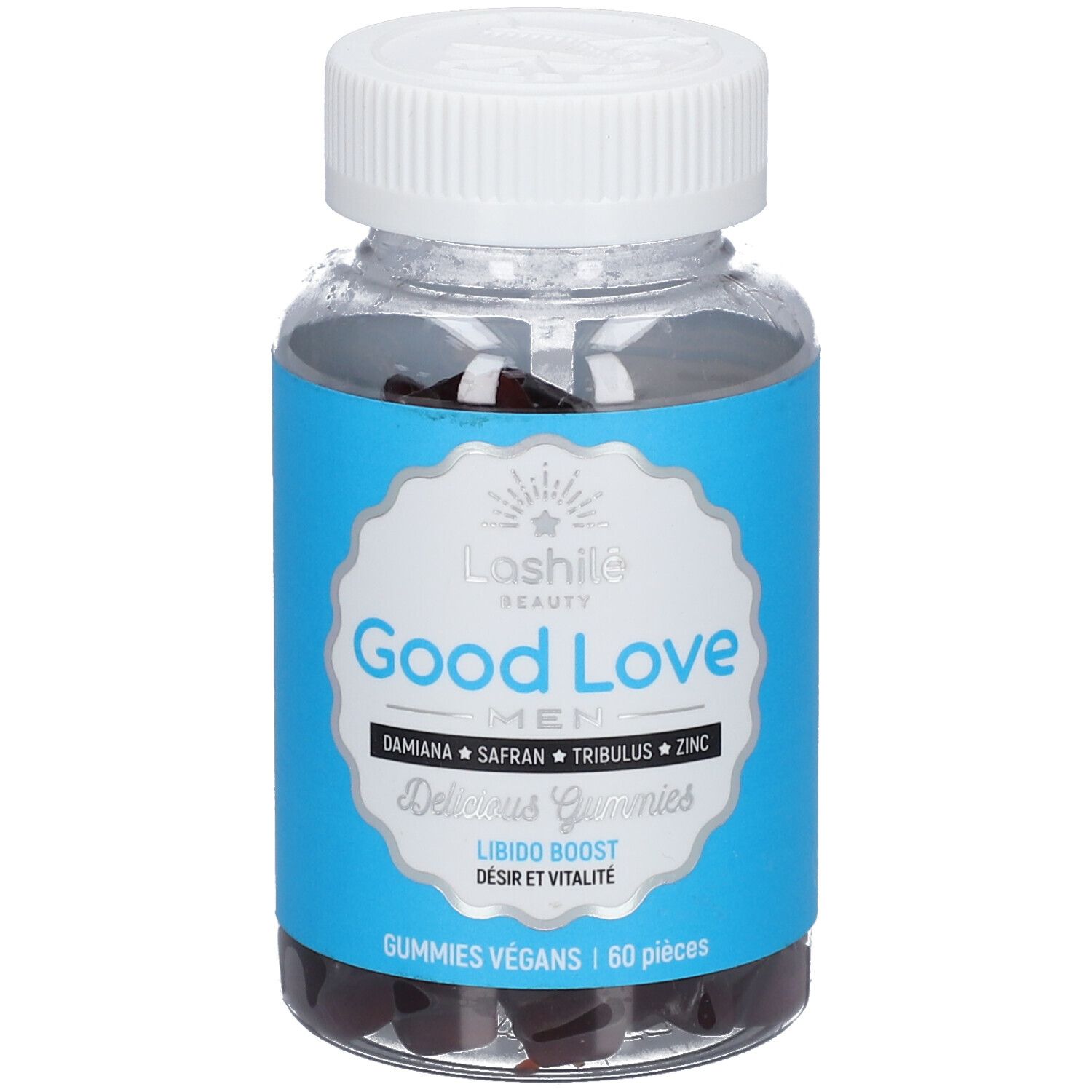 Flacon transparent avec étiquette bleue. Inscription: Good Love Men, Damiana, Safran, Tribulus, Zinc. 60 gummies végétaliens.