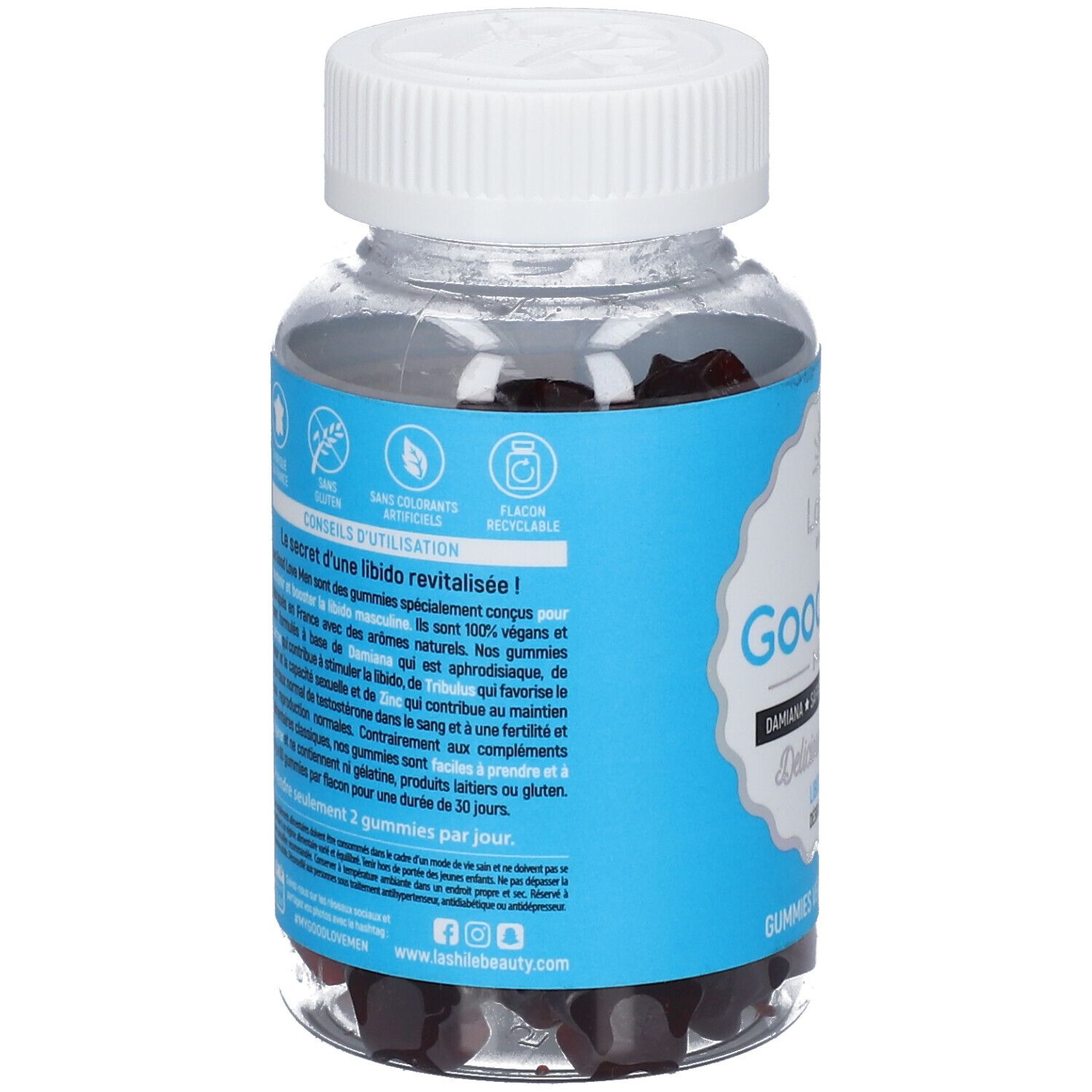 Dos du flacon avec étiquette bleue. Texte: Conseils d'utilisation, vegan, recyclable. Contient 60 gummies.