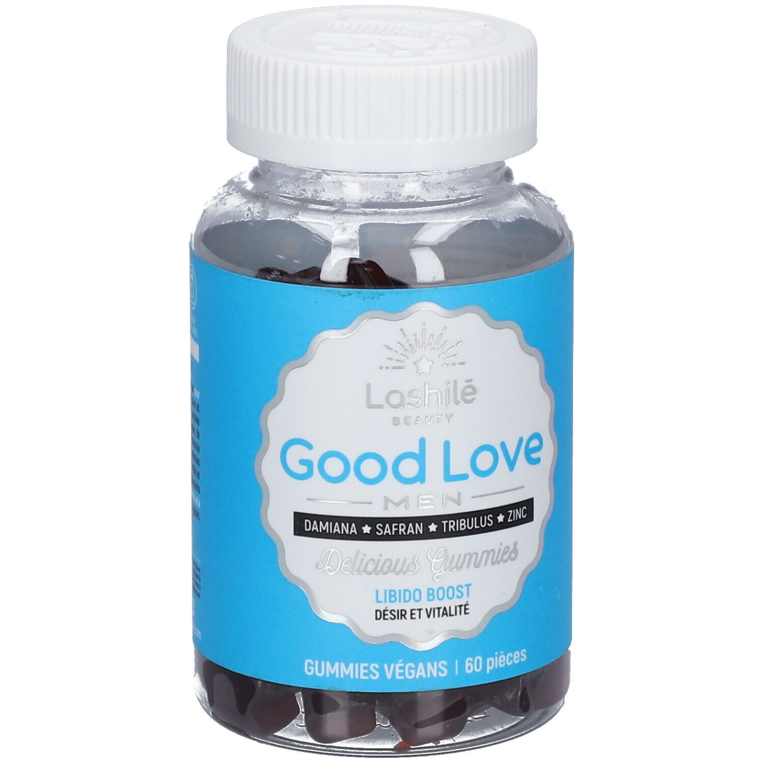 Flacon transparent avec étiquette bleue. Inscription: Good Love Men, Damiana, Safran, Tribulus, Zinc. 60 gummies végétaliens.
