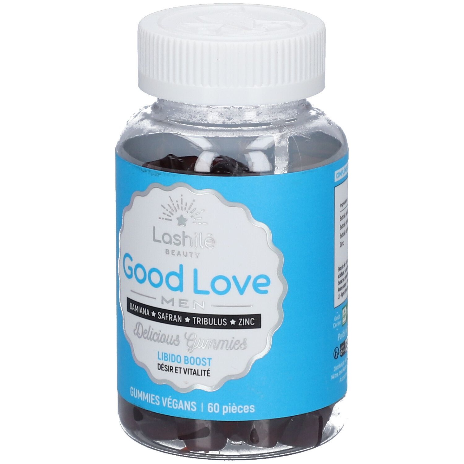 Flacon transparent avec étiquette bleue. Inscription: Good Love Men, Damiana, Safran, Tribulus, Zinc. 60 gummies végétaliens.