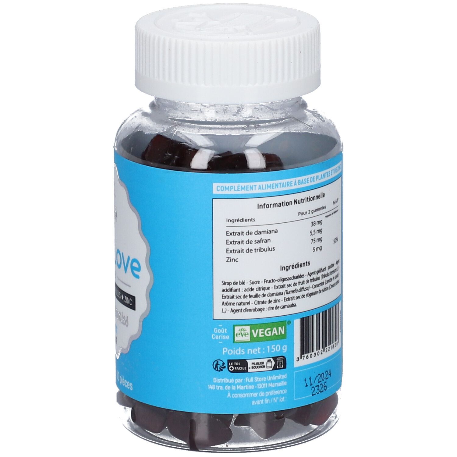Dos du flacon avec étiquette bleue. Liste des ingrédients, label vegan, poids 150g. Date de péremption 11/2024.