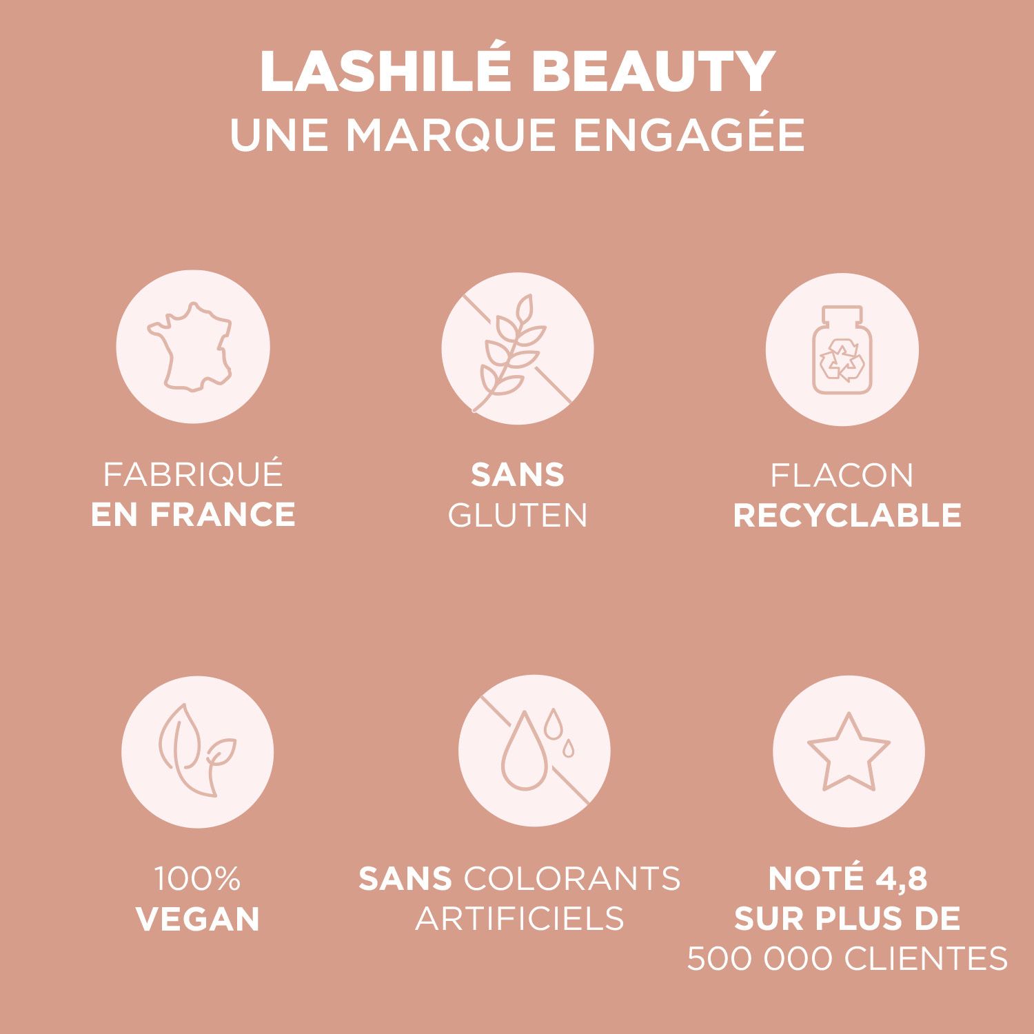 Symbole: Hergestellt in Frankreich, glutenfrei, recycelbare Flasche, vegan, ohne künstliche Farbstoffe, 4,8/5 Sterne.