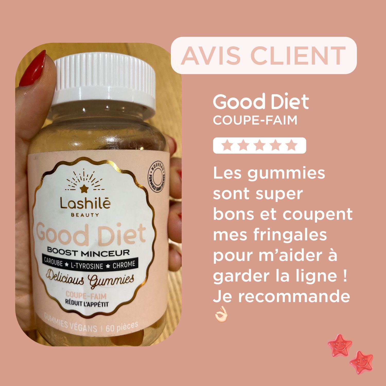 Good Diet Flasche und Kundenrezension. Text: Die Gummis sind super gut und stoppen meinen Appetit.