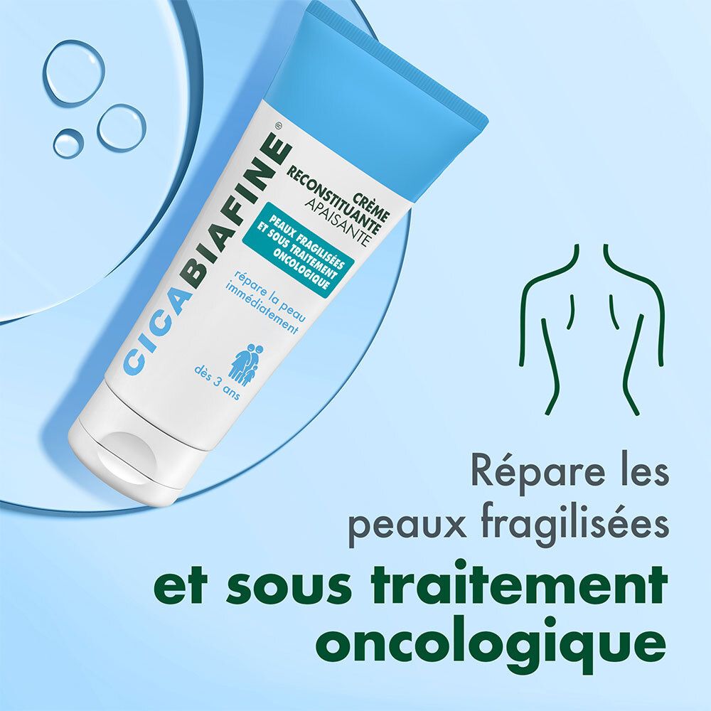 Tube de crème bleu et blanc. Texte: Crème Réparatrice Apaisante. Pour peaux fragilisées. Texte: Répare immédiatement. Dès 3 ans.