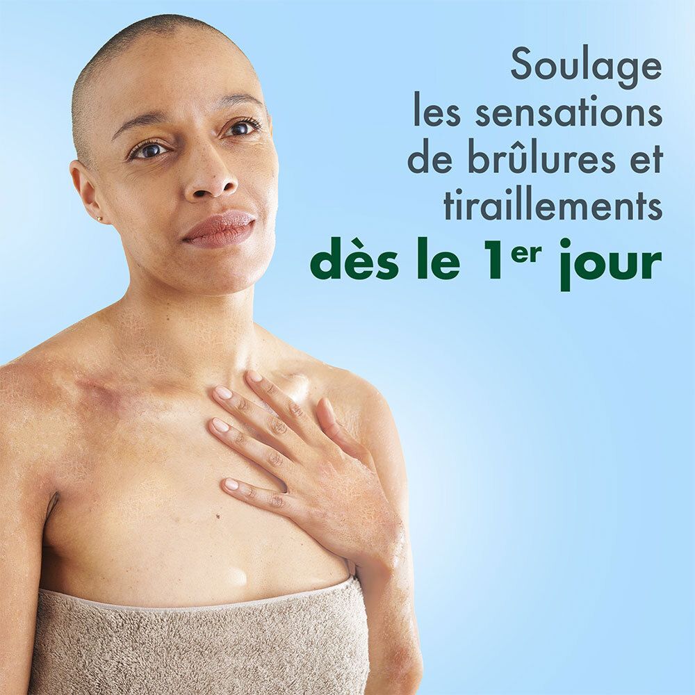 Femme chauve. Texte: Soulage les sensations de brûlures et tiraillements dès le 1er jour.