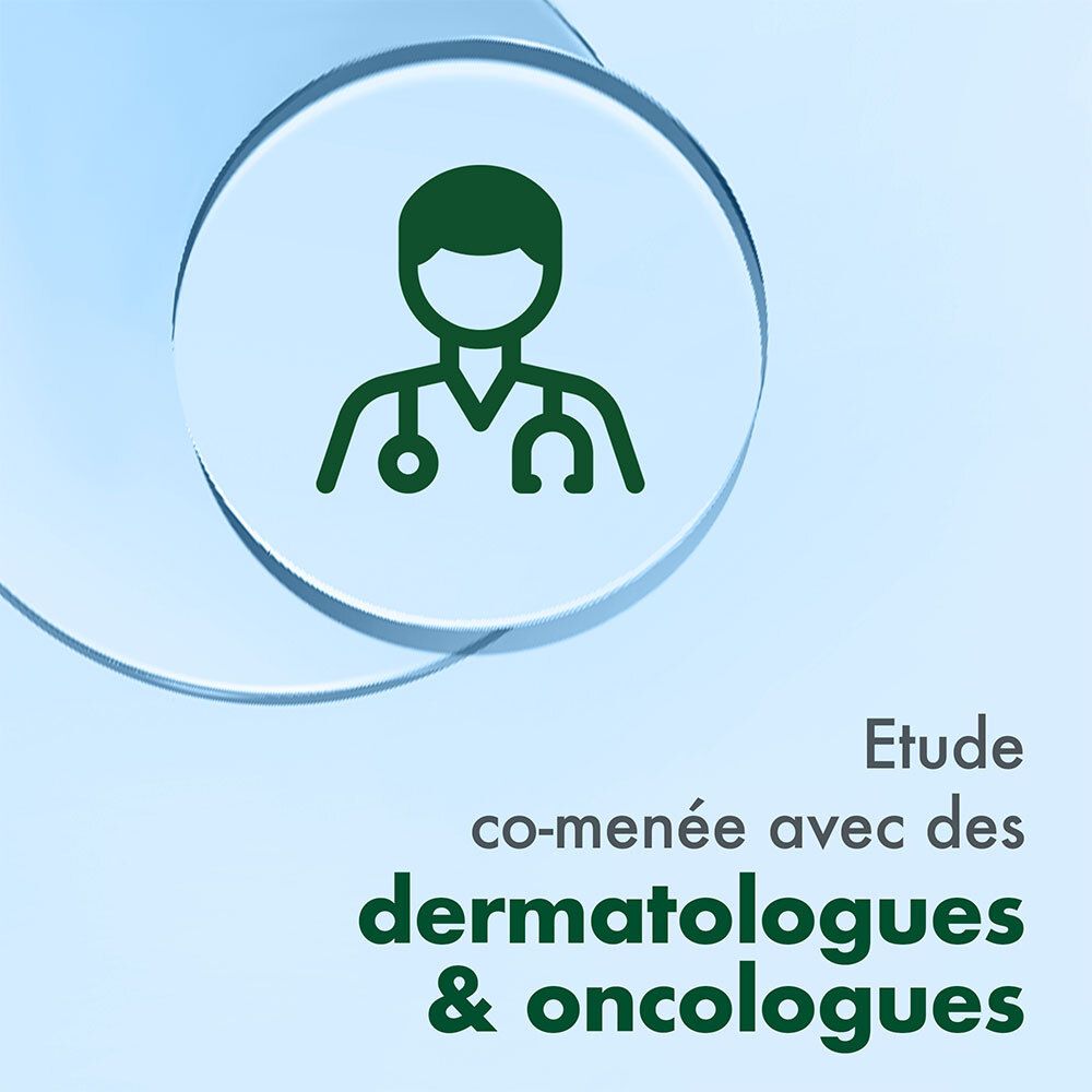 Graphique: Symbole de médecin. Texte: Étude menée avec des dermatologues & oncologues.
