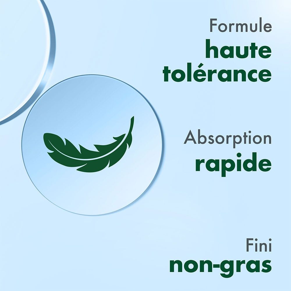 Graphique: Symbole de plume. Texte: Haute tolérance, absorption rapide, non gras.