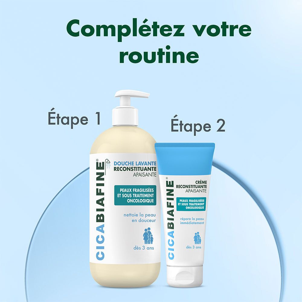 Deux produits: Gel douche et crème. Texte: Complétez votre routine. Étape 1, Étape 2.