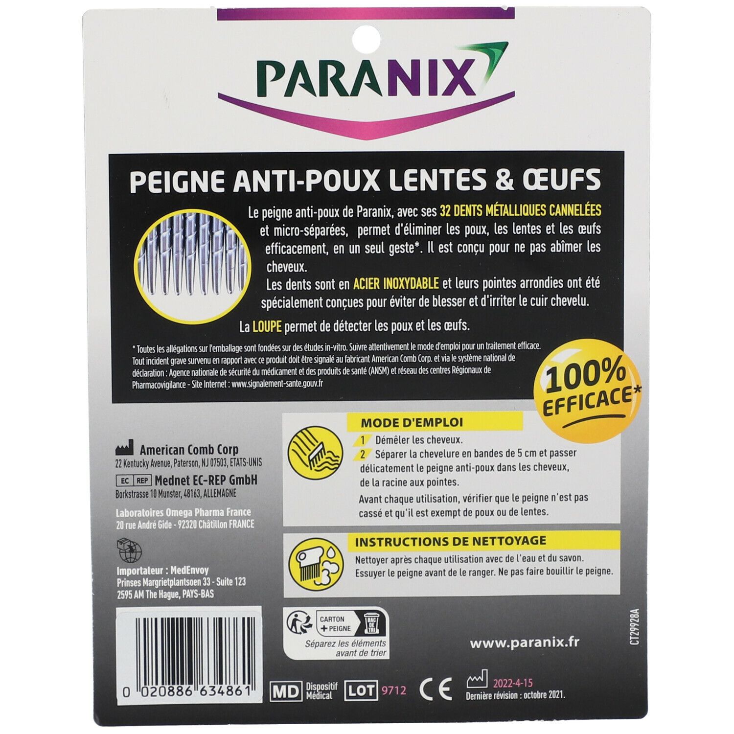 Dos de l'emballage. Texte multilingue. Informations fabricant et instructions d'utilisation.