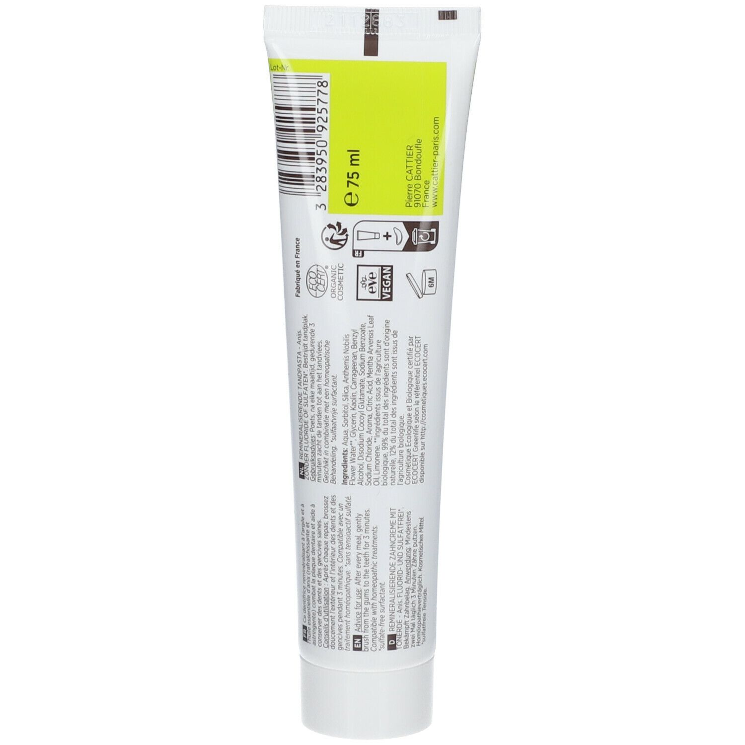 Dos du tube de dentifrice. Texte et code-barres. Certifié bio, label vegan. Tube recyclable. Contenance : 75 ml.