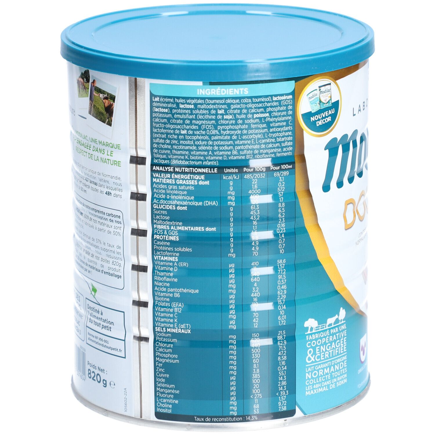 Dos de la boîte Modilac Doucéa 2. Liste des ingrédients et tableau nutritionnel. Fond bleu clair.