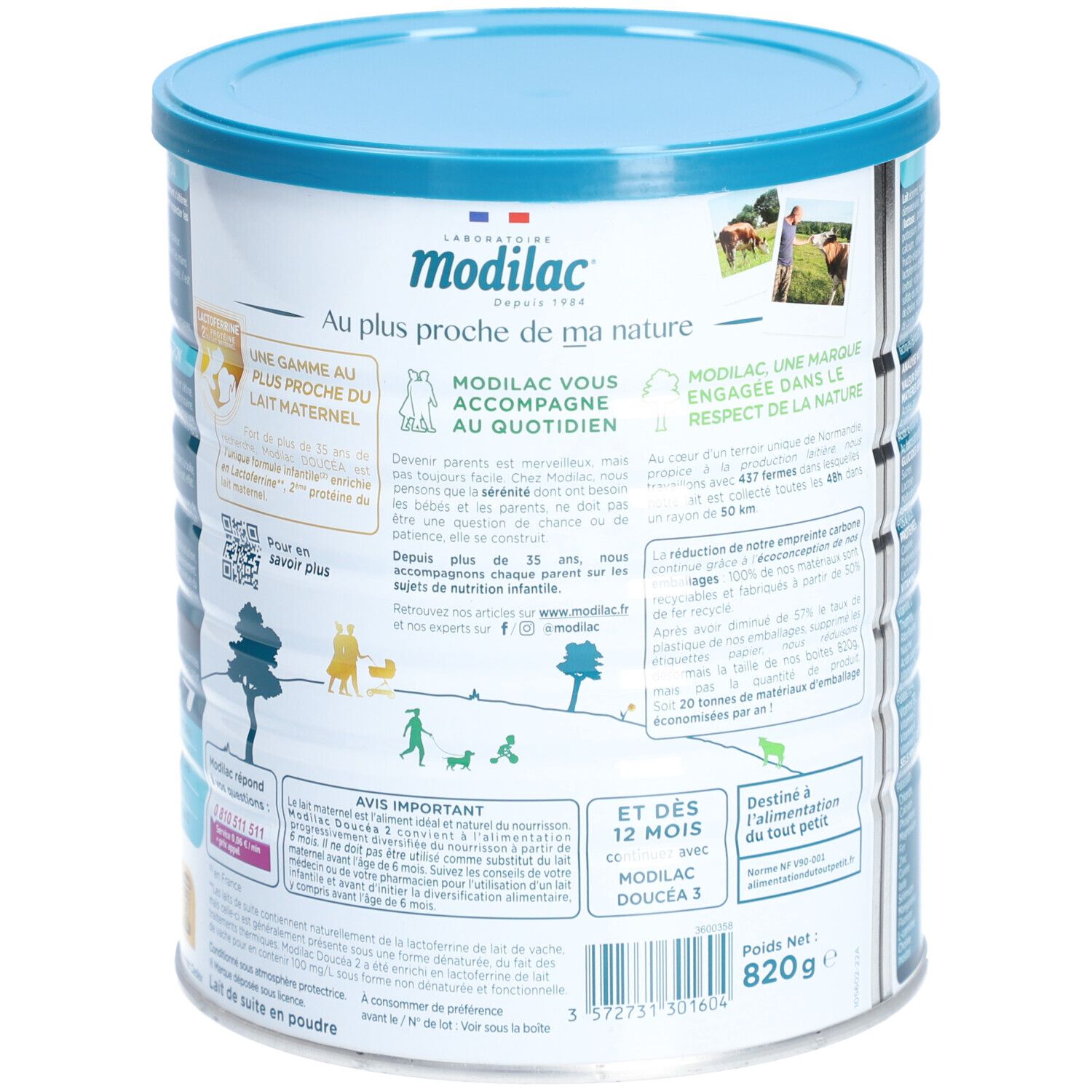 Dos de la boîte Modilac Doucéa 2. Texte sur la marque et la nature. Fond bleu clair.