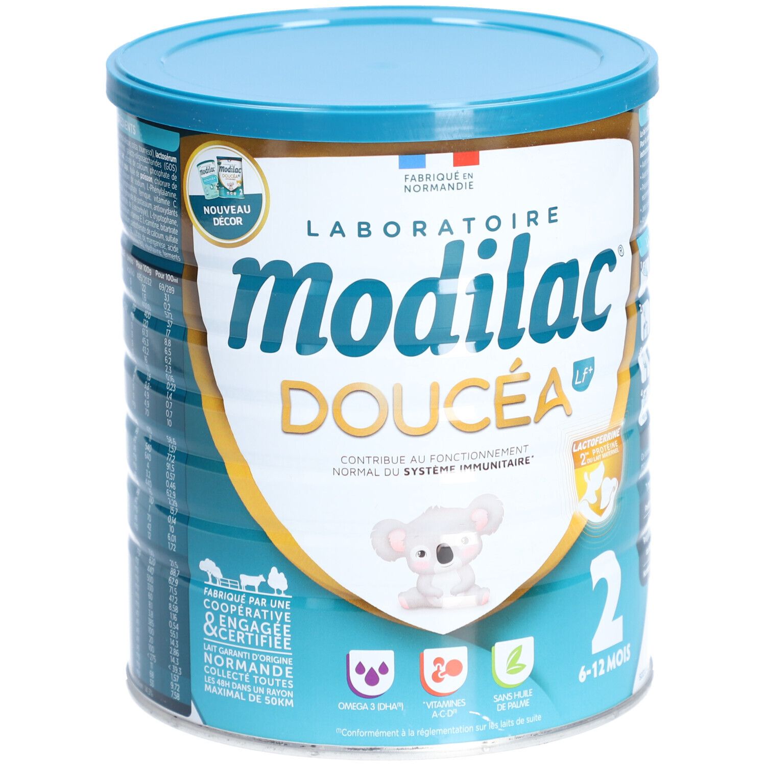 Boîte de lait en poudre Modilac Doucéa 2. Couvercle bleu clair, fond blanc. Inscription et illustration de koala.
