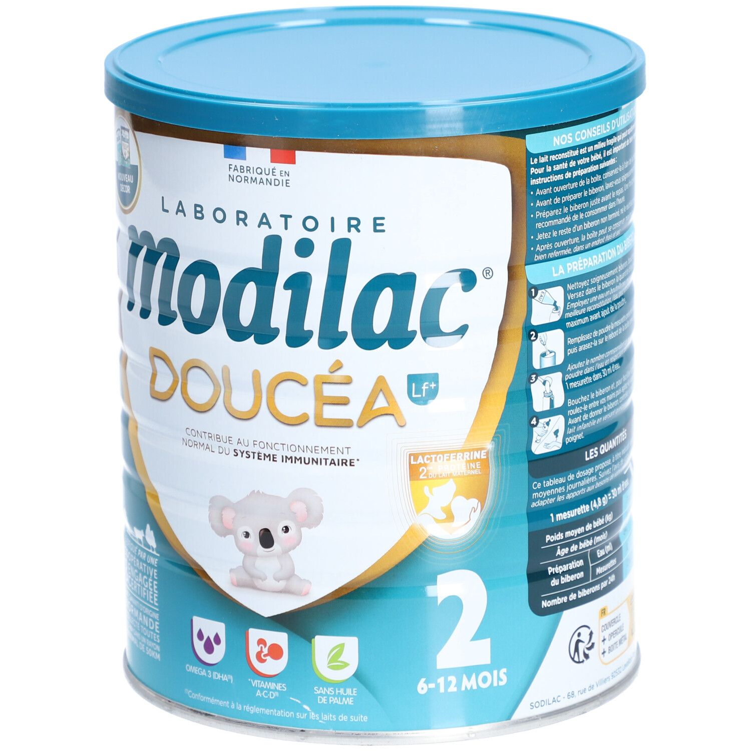 Boîte de lait en poudre Modilac Doucéa 2. Couvercle bleu clair, fond blanc. Inscription et illustration de koala.