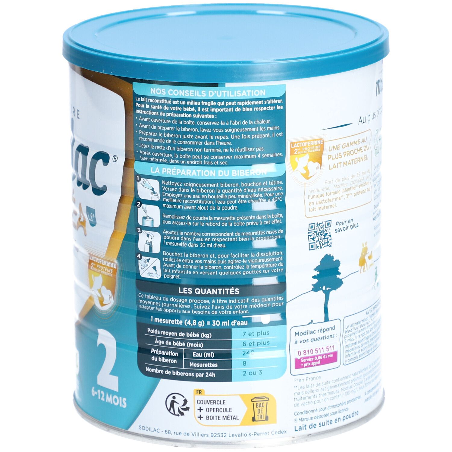 Dos de la boîte Modilac Doucéa 2. Instructions de préparation et de dosage. Fond bleu clair.
