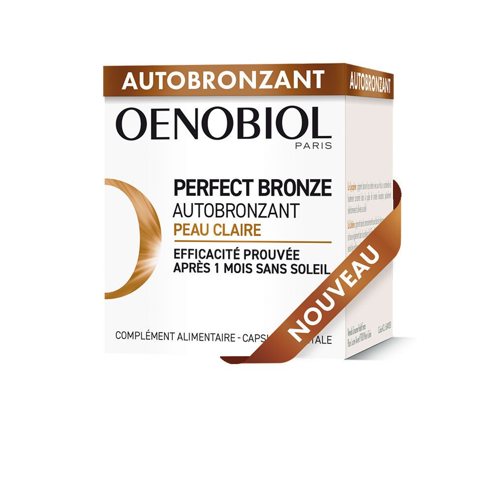 Boîte OENOBIOL. Carton blanc, nom du produit, logo. Accents marron.