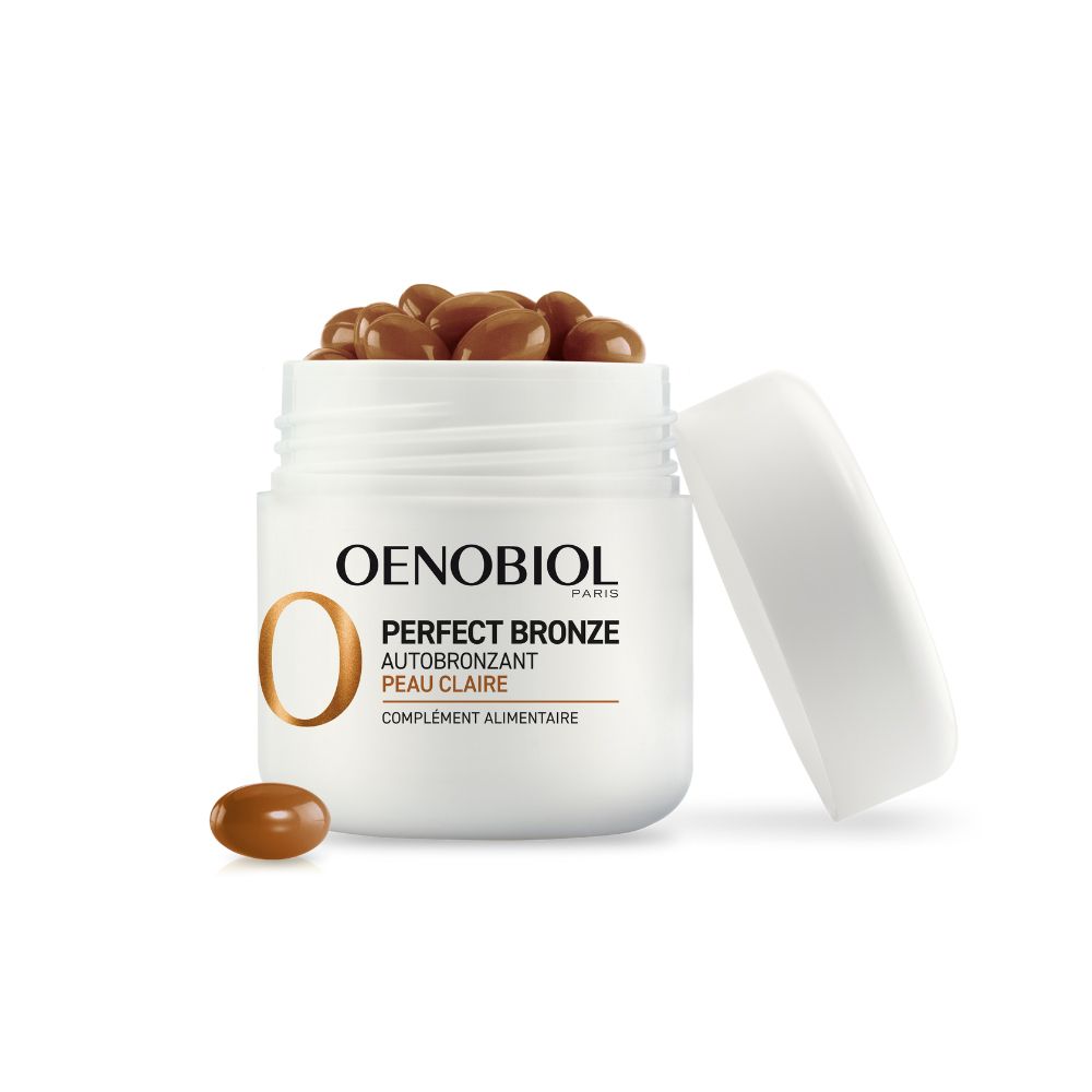 Pot blanc avec gélules. Logo et nom du produit OENOBIOL. Couvercle à côté.