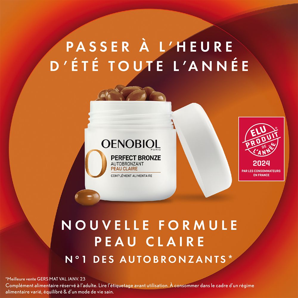 Produit OENOBIOL sur fond orange. Gélules dans le pot. Texte.