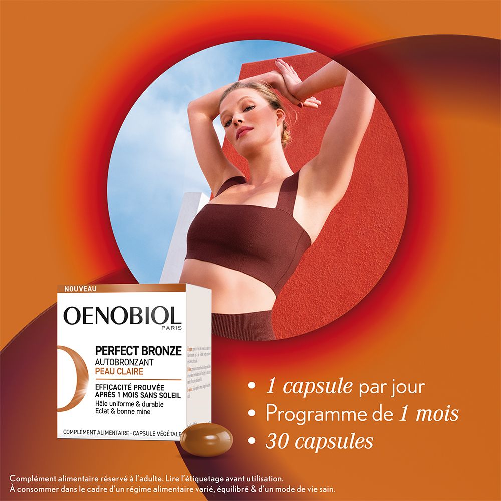 Femme avec produit. Produit OENOBIOL et gélule. Texte.