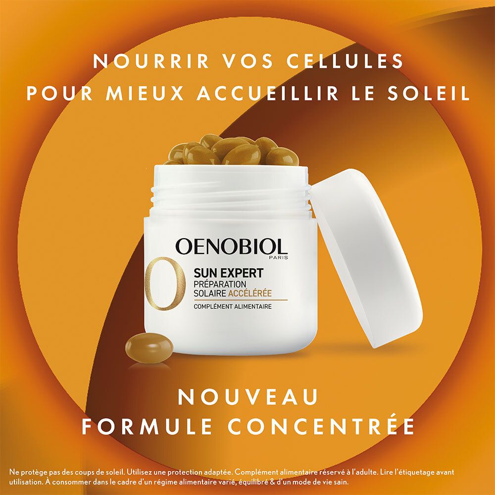 Oenobiol Sun Expert Dose mit Kapseln. Weiß, geöffnet. Text: Nouvelle Formule Concentrée. Hintergrund orange.