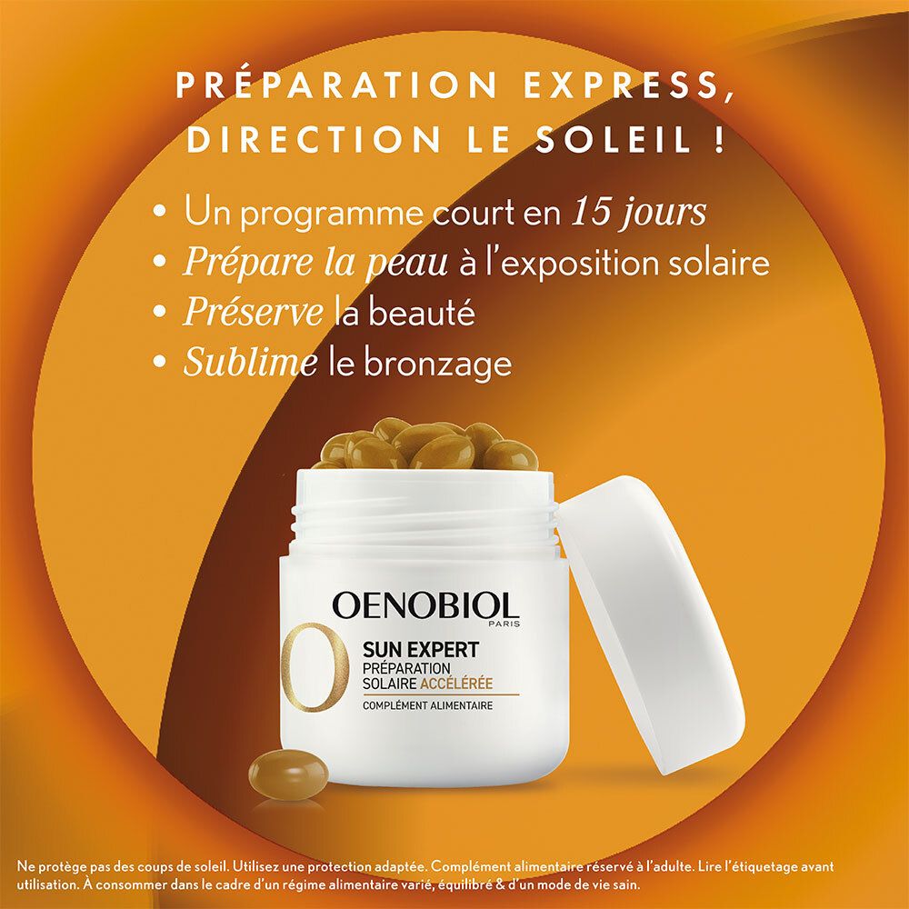 Oenobiol Sun Expert Dose mit Kapseln. Weiß, geöffnet. Text: Préparation Express, Direction le Soleil! Hintergrund orange.