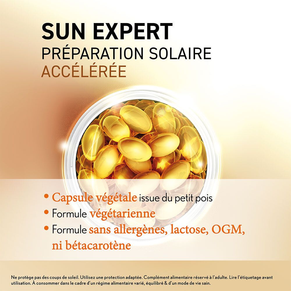 Oenobiol Sun Expert Dose mit Kapseln. Text: Capsule végétale issue du petit pois. Hintergrund orange.