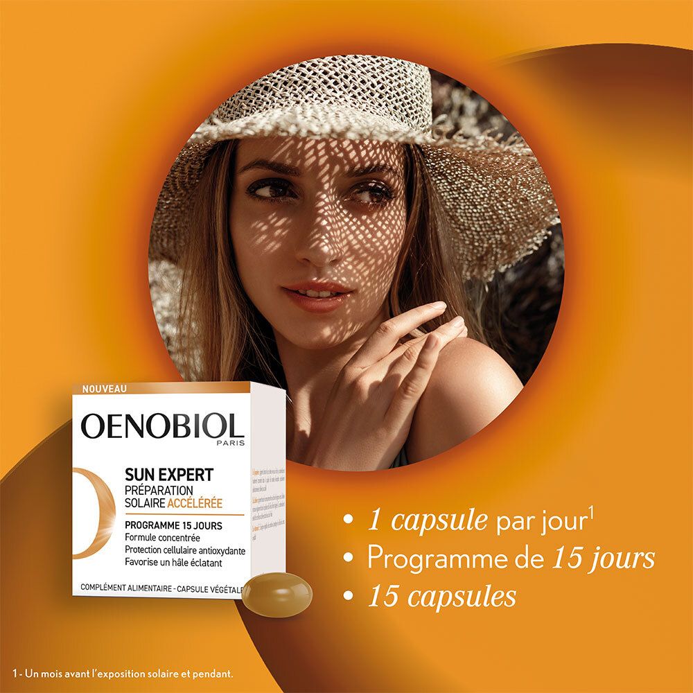 Oenobiol Sun Expert Packung und Dose. Frau mit Hut. Text: 1 capsule par jour. Hintergrund orange.