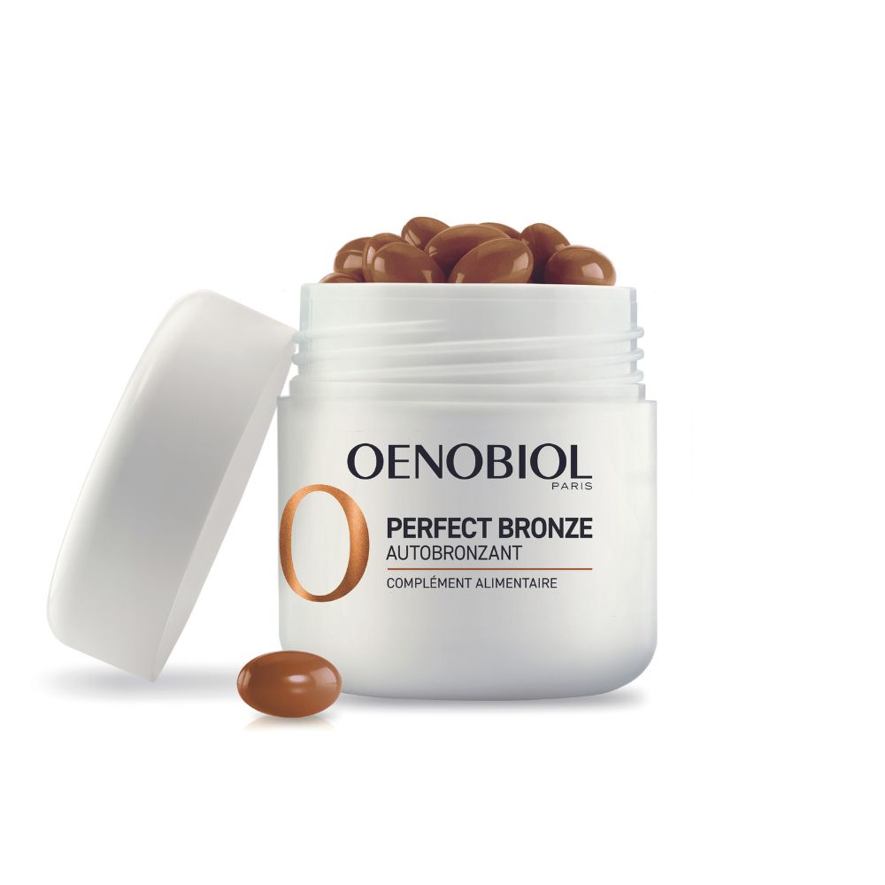 Pot blanc avec capsules. OENOBIOL PERFECT BRONZE Autobronzant. Couvercle ouvert.