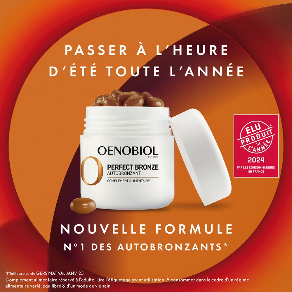 Pot de capsules. OENOBIOL PERFECT BRONZE Autobronzant. Texte et logo. Label.