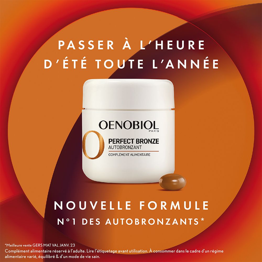 Pot de capsules. OENOBIOL PERFECT BRONZE Autobronzant. Texte et logo.