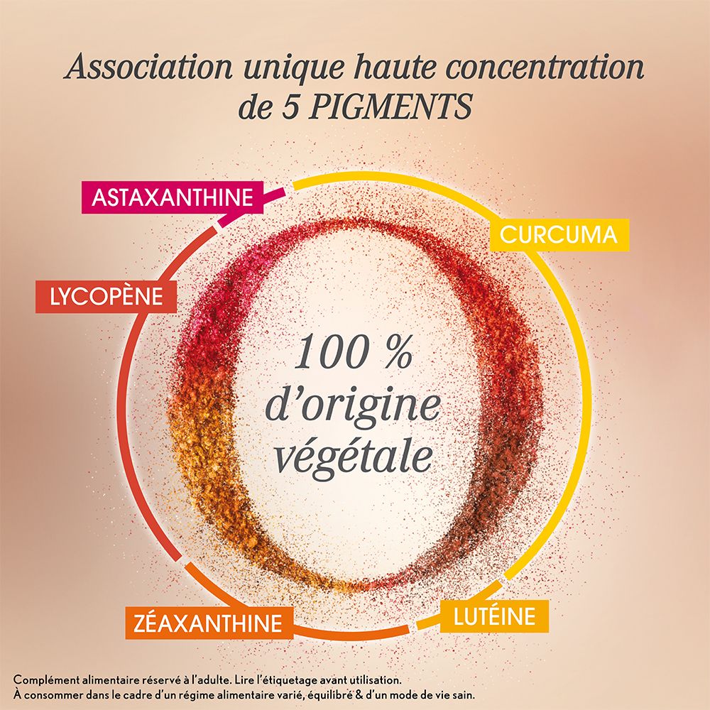 Schéma des ingrédients. Texte : 100% d'origine végétale. Cercle avec ingrédients.