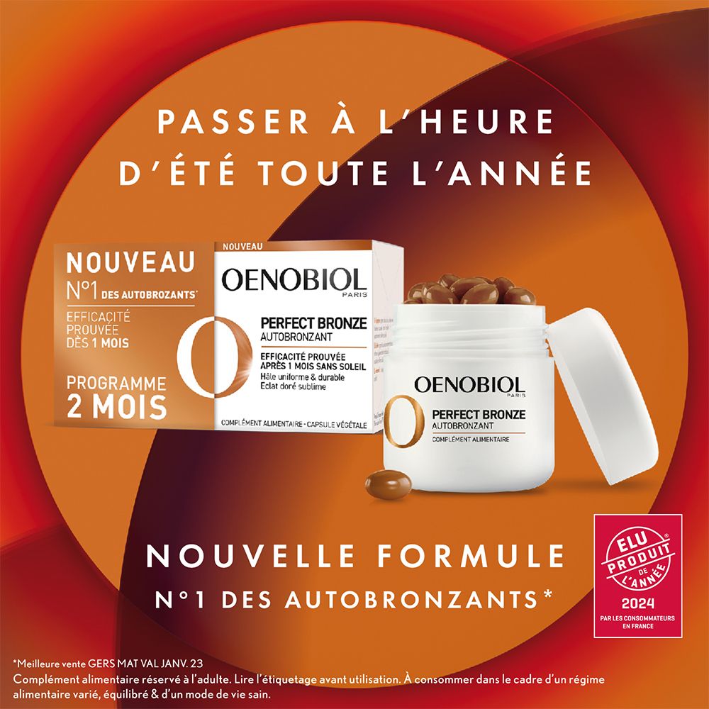 Publicité avec visuels produits. Inscription : Passer à l'heure d'été toute l'année. Oenobiol Perfect Bronze.
