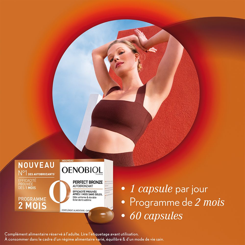 Publicité avec femme et produit. Inscription : Oenobiol Perfect Bronze. 1 gélule par jour, Programme 2 mois, 60 gélules.