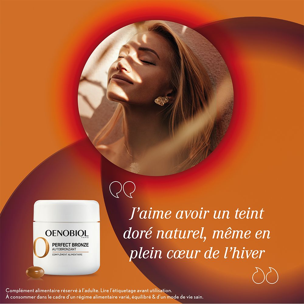 Publicité avec femme et produit. Inscription : Oenobiol Perfect Bronze. Citation : J'aime avoir un teint doré naturel.