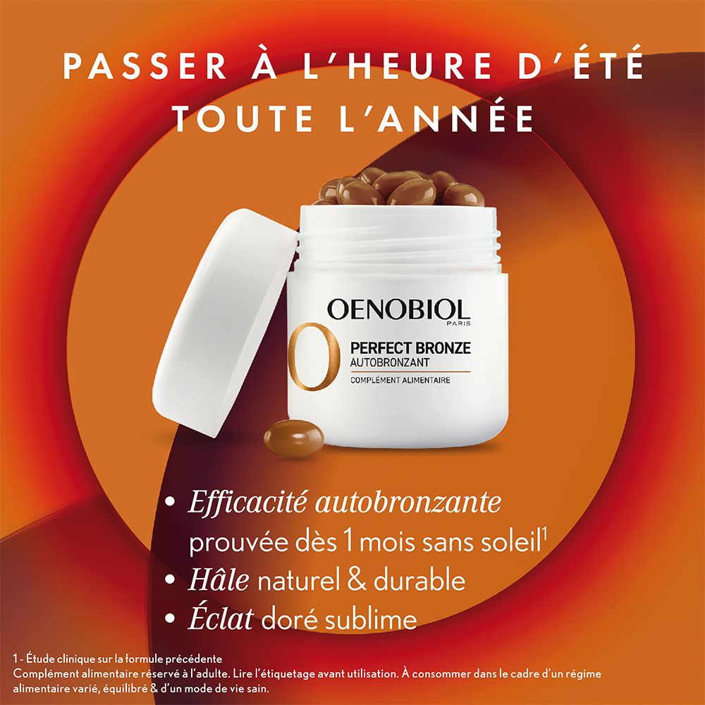 Publicité avec produit. Inscription : Passer à l'heure d'été toute l'année. Oenobiol Perfect Bronze. Gélules.