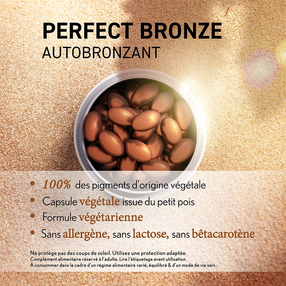 Pot avec gélules. Inscription : PERFECT BRONZE AUTOBRONZANT. 100% des pigments d'origine végétale.