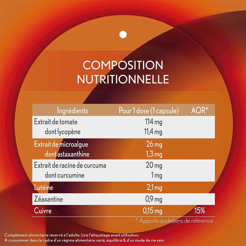 Tableau nutritionnel. Ingrédients : Extrait de tomate, Astaxanthine, Extrait de curcuma, Lutéine, Zéaxanthine, Cuivre.